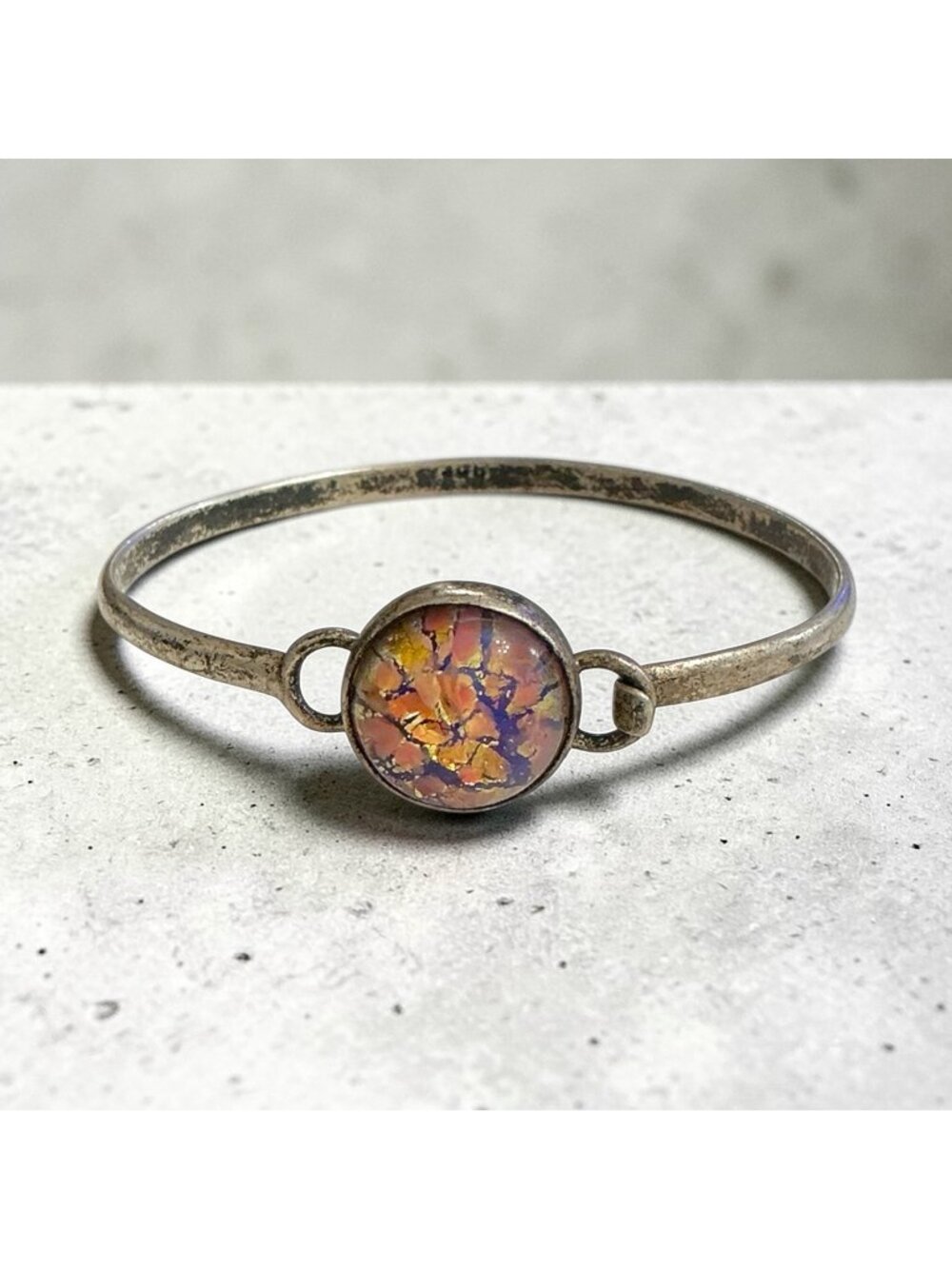 Vintage Sterling Silver Cuff Bracelet W/ Dichroic Glass Centerpiece Boho Style